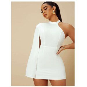 Sexy White Asymmetrical Neck Slit Sleeve Bodycon Dress Size S